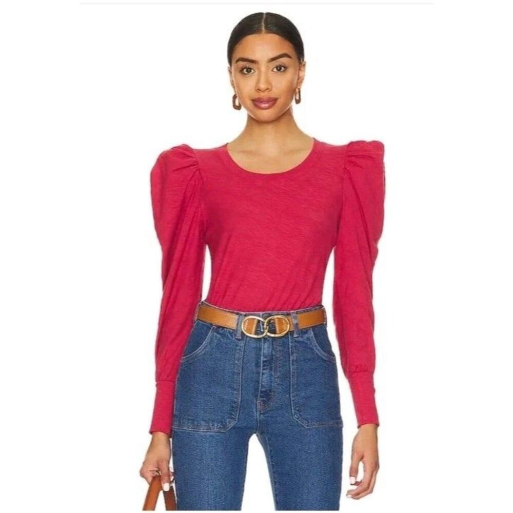 Nation LTD Romy Modest Tee Red Puff Sleeve Pima Cotton Quiet Luxury Women Size S